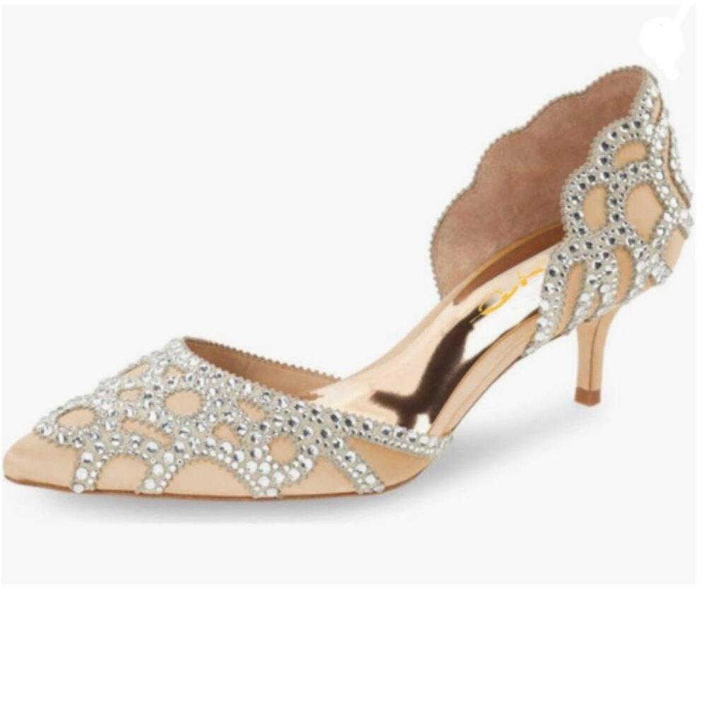 XYD Light Tan Pointed Toe D'Orsay Kitten Heel Rhinestone Studs Slip-On Pump